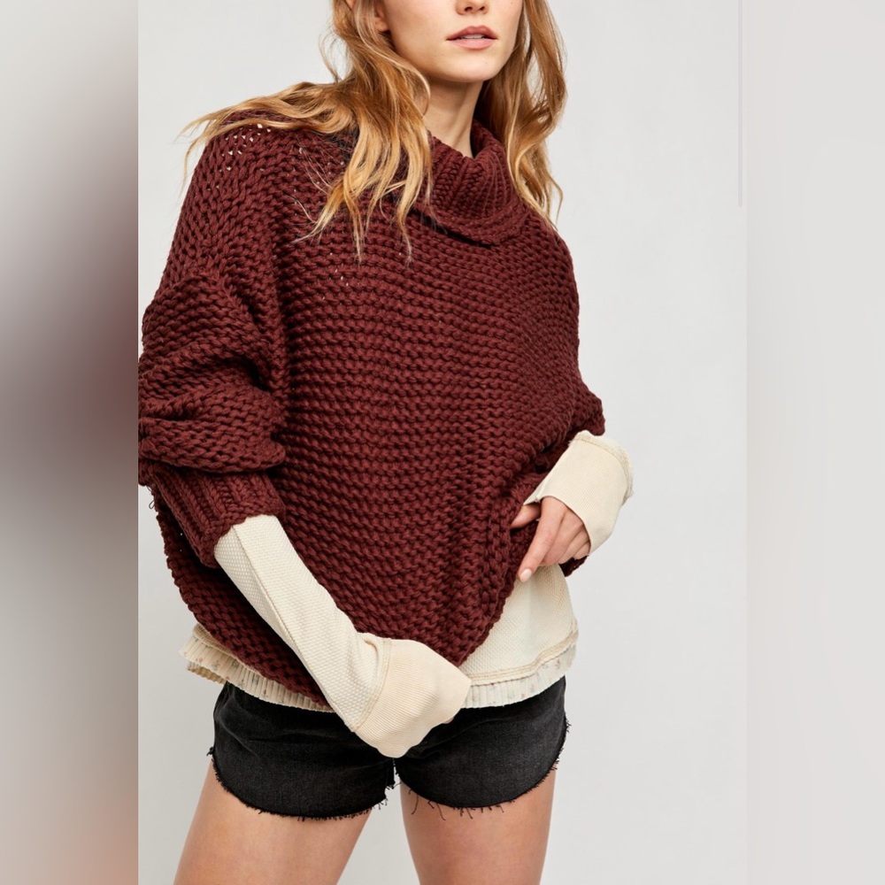 EUC Free People My Only Sunshine Winter Berry Dark Red Chunky Sweater XS